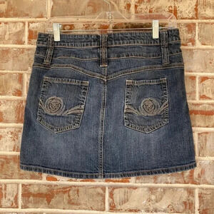 Route 66 Embroidered Rose Denim Pocket Mini Skirt